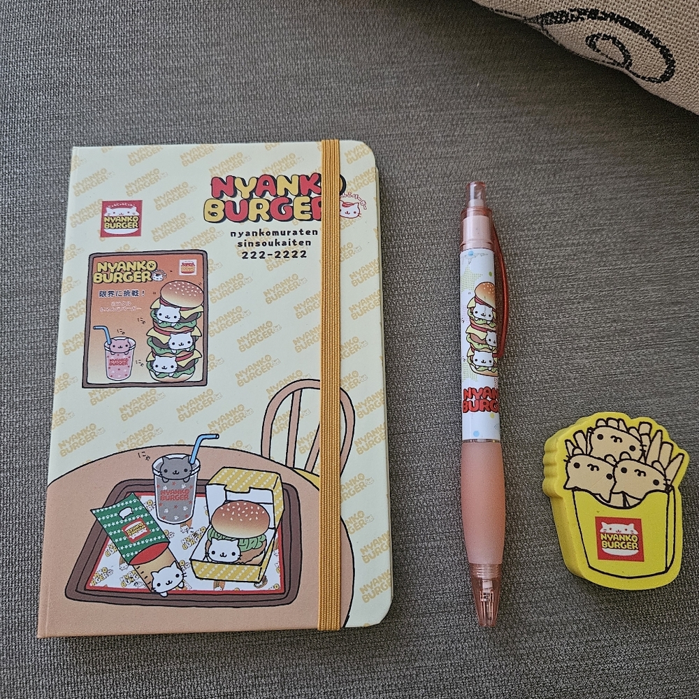 San-X NYANKO BURGER Notebook Pen Eraser Set